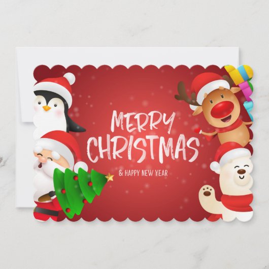 Kerstkaart met Kerstman Pinguïn Rendier Ijsbeer (Voorkant)