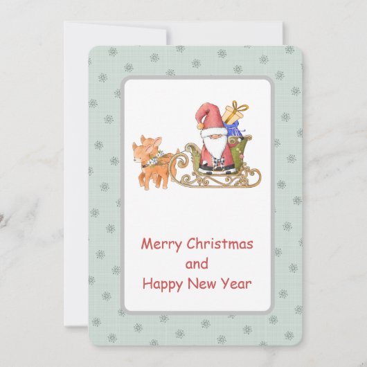 Kerstkaart met kerstman, rendier en slee (Voorkant)