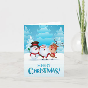Kerstkaart met Kerstman, sneeuwman, en rendier Feestdagen Kaart