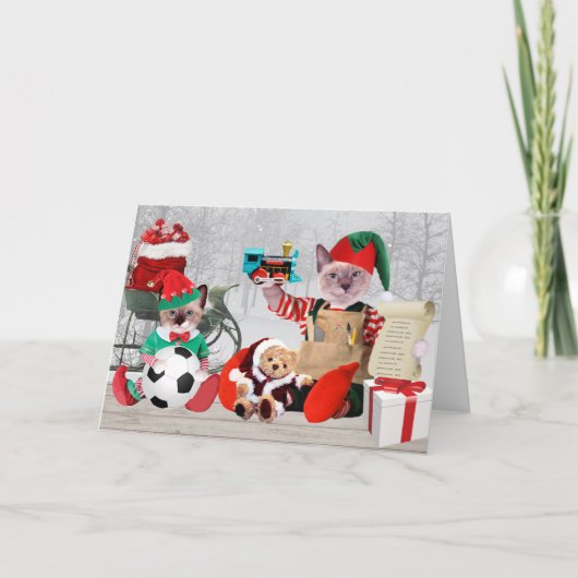 Kerstkaart met Kerstmannetje en Kattenelfen Feestdagen Kaart (Voorkant)