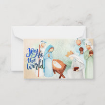 Kerstkaart met Kerststal en de tekst Joy To The Wo