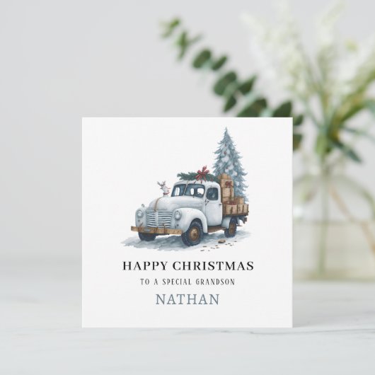 Kerstkaart met Kersttruck voor Kleinzoon (Staand voorkant)