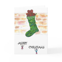 Kerstkaart met kous en eigenzinnige karakters