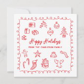 Kerstkaart met krabbelige rode en witte tekeningen (Voorkant)