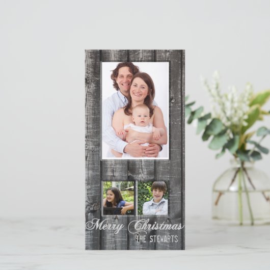 Kerstkaart met landelijke houten achtergrond en dr (Staand voorkant)