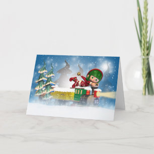 Kerstkaart met leuk weinig elf op trein feestdagen kaart