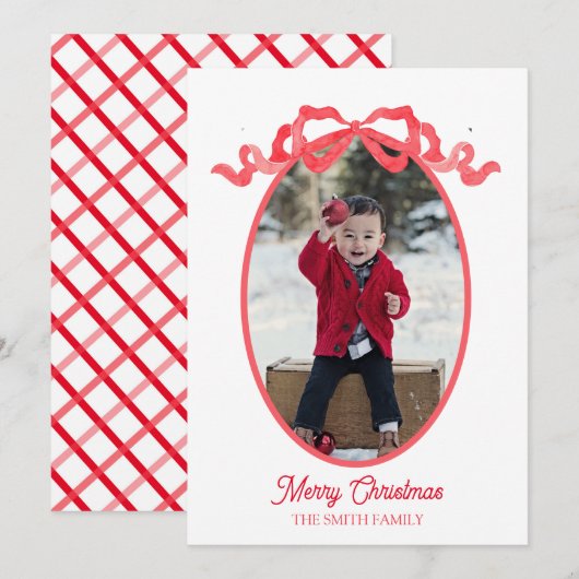 Kerstkaart met lint in watercolor (Voorkant / Achterkant)