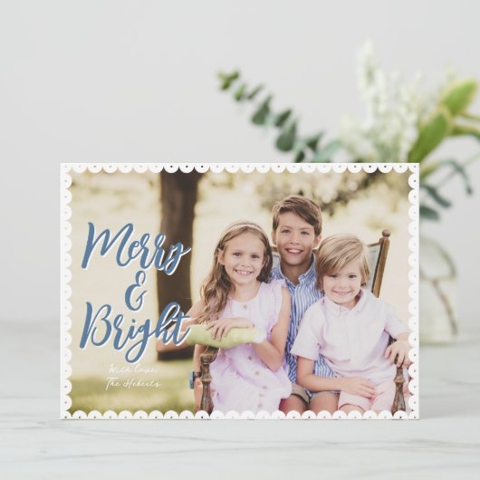 Kerstkaart met Merry & Bright Scallop-rand (Staand voorkant)