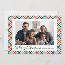 Kerstkaart met moderne geruite familiefoto