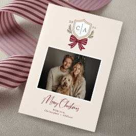 Kerstkaart met monogram wapenschild boog foto voor