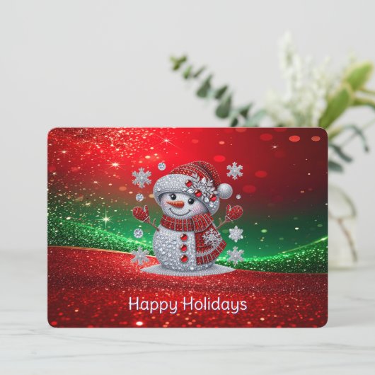 Kerstkaart met nepsierstenen sneeuwman (Staand voorkant)