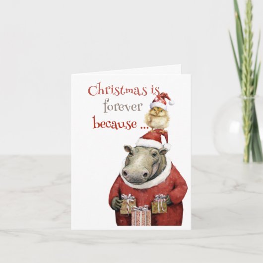 Kerstkaart met nijlpaard en kip feestdagen kaart (Voorkant)