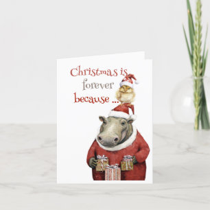 Kerstkaart met nijlpaard en kip feestdagen kaart