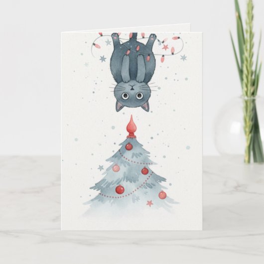 Kerstkaart met Ondersteboven Kitten Kaart (Voorkant)