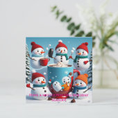 Kerstkaart met ondeugende sneeuwmannen (Staand voorkant)