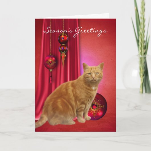 kerstkaart met oranje kat en kerstversiering feestdagen kaart (Voorkant)