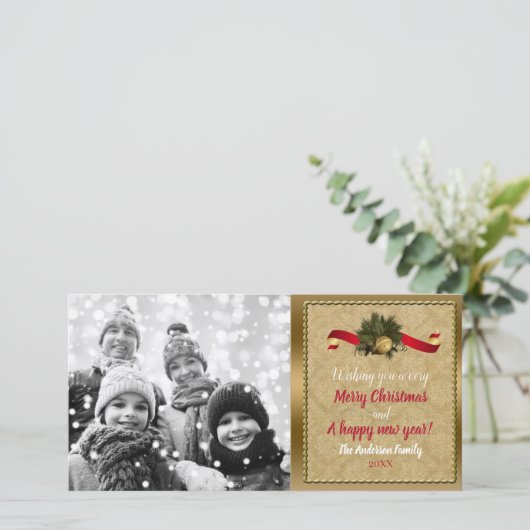 Kerstkaart met Oude Gouden Bel Vakantiefoto (Staand voorkant)