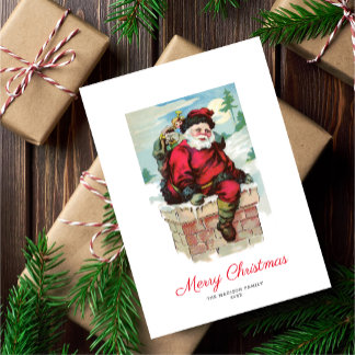 Kerstkaart met oude man Sinterklaas en schoorsteen