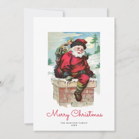 Kerstkaart met oude man Sinterklaas en schoorsteen (Voorkant)