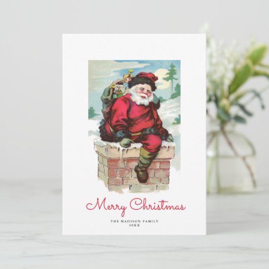 Kerstkaart met oude man Sinterklaas en schoorsteen (Staand voorkant)
