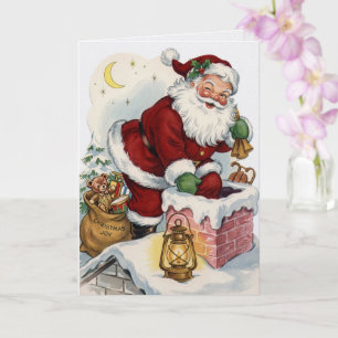 Kerstkaart met oude Sint die uit de schoorsteen ko Kaart