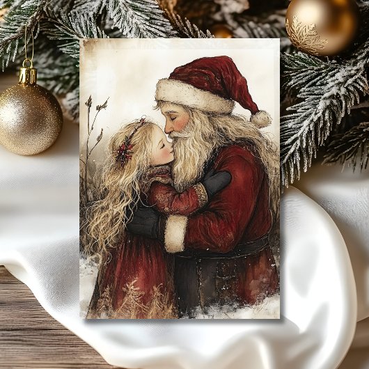 Kerstkaart met oude Sint en meisje