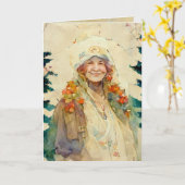 Kerstkaart met oude vrouw aquarel winter  kaart (Gele Bloem)
