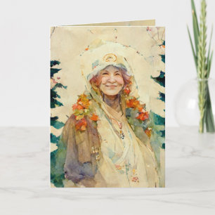 Kerstkaart met oude vrouw aquarel winter  kaart