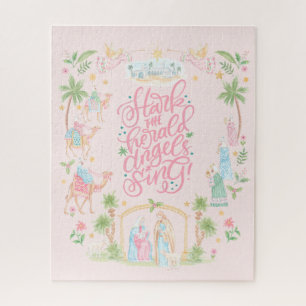 Kerstkaart met pastel gevouwen kerststal legpuzzel