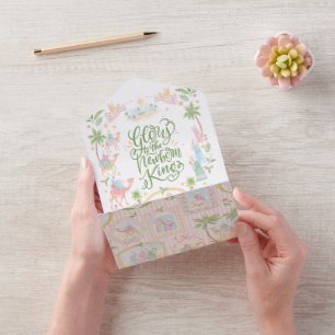Kerstkaart met pastelkleurige geboortescène all in one uitnodiging
