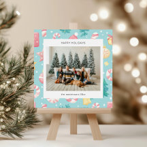 Kerstkaart met pastelkleurige illustraties in cart