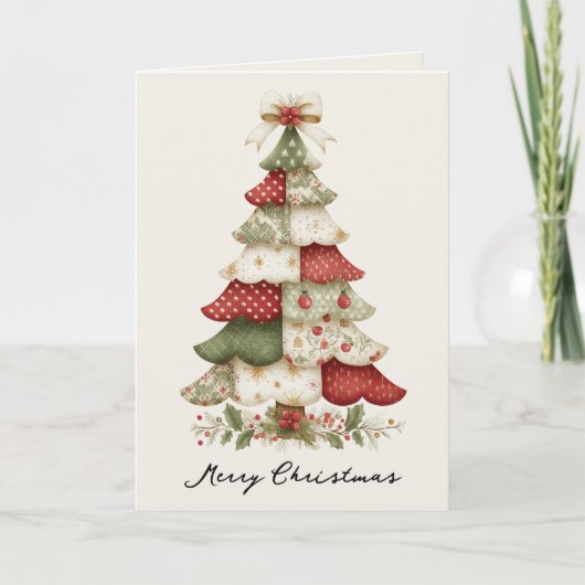 Kerstkaart met patchwork kerstboom feestdagen kaart (Voorkant)