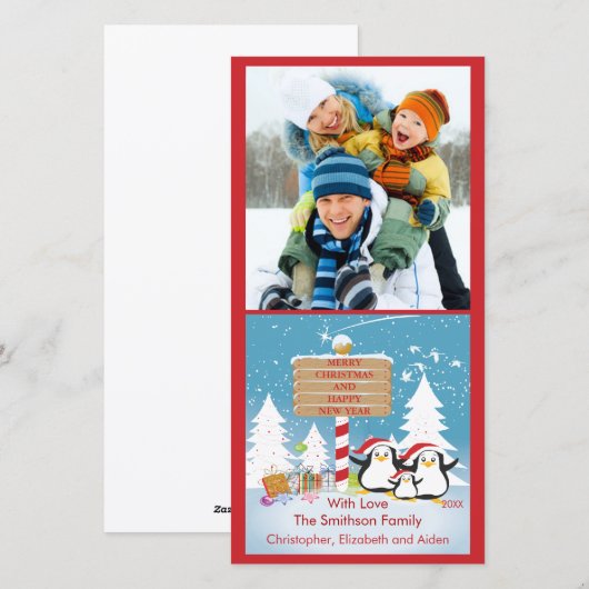 Kerstkaart met Penguinfamilie van 3 voor de Feestd (Voorkant / Achterkant)