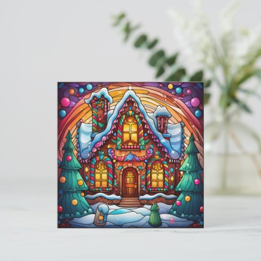 Kerstkaart met peperkoekhuis (Staand voorkant)