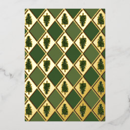 Kerstkaart met pijnbomen en harlekijnfolie folie feestdagenkaart