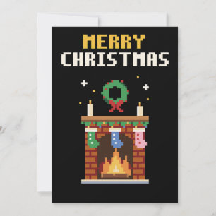 Kerstkaart met pixelart kerstsokken bij de open ha
