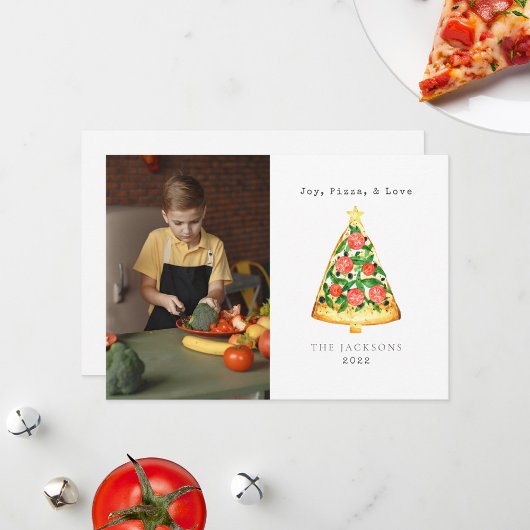 Kerstkaart met pizza en gezinsfoto