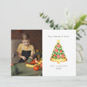 Kerstkaart met pizza en gezinsfoto (Staand voorkant)