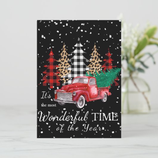 Kerstkaart met plat ontwerp van rode vrachtwagen v (Staand voorkant)