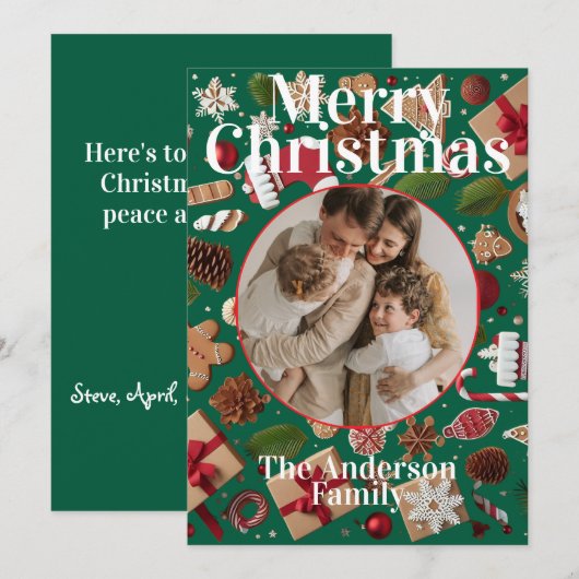 Kerstkaart met platte kerstdecoratie (Voorkant / Achterkant)