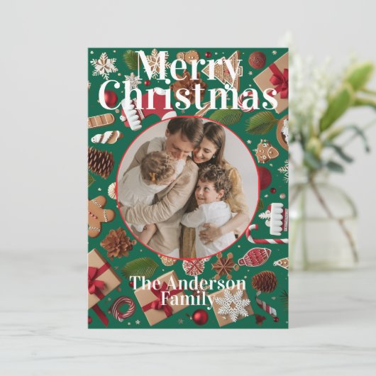 Kerstkaart met platte kerstdecoratie (Staand voorkant)