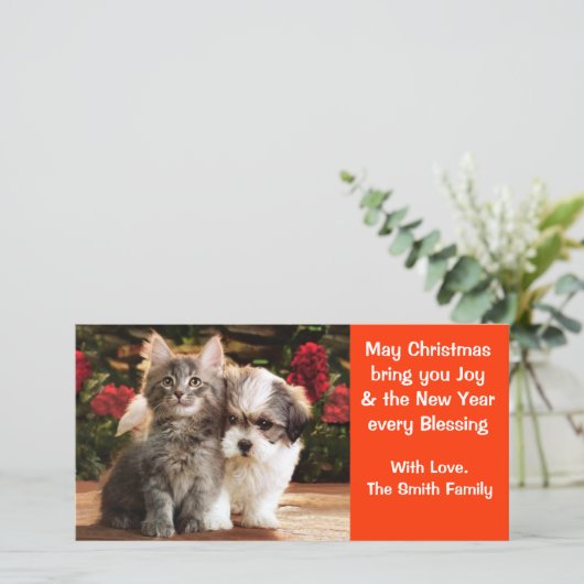 Kerstkaart met puppy & kitten (Staand voorkant)