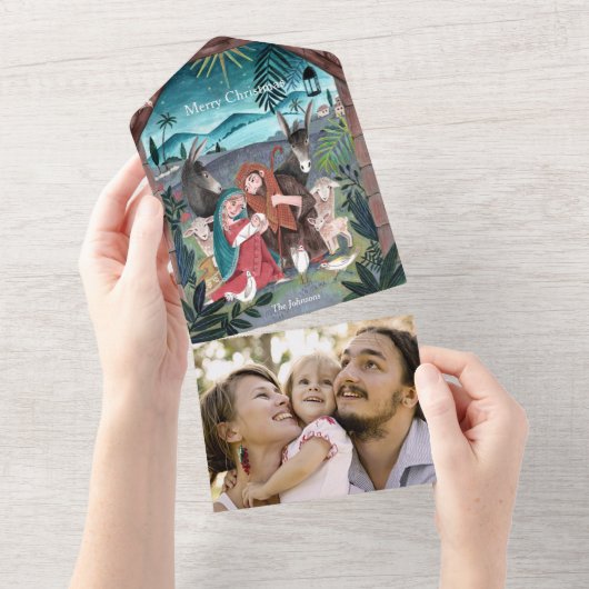 Kerstkaart met religieus kerststallen all in one uitnodiging (Afscheurbaar)