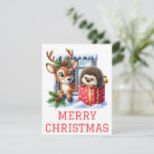 Kerstkaart met rendier en egel (Staand voorkant)
