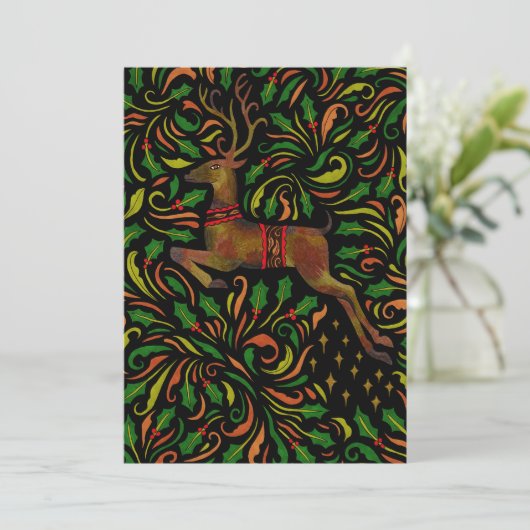 Kerstkaart met rendieren in folk art-stijl (Staand voorkant)