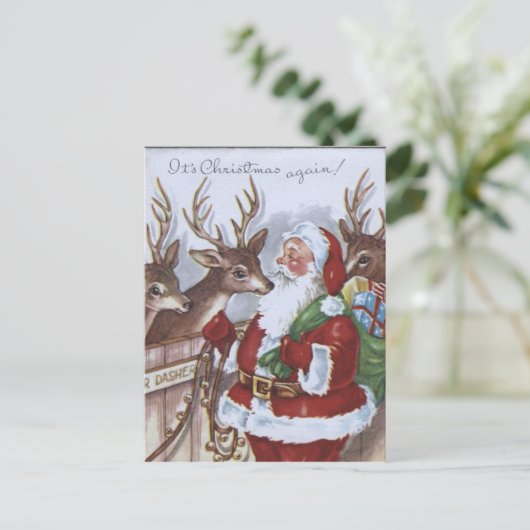 Kerstkaart met rendieren van kerstman uit vroeger  feestdagenkaart (Staand voorkant)