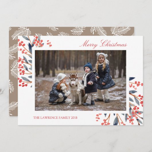 Kerstkaart met rode bessen en blad (Voorkant / Achterkant)