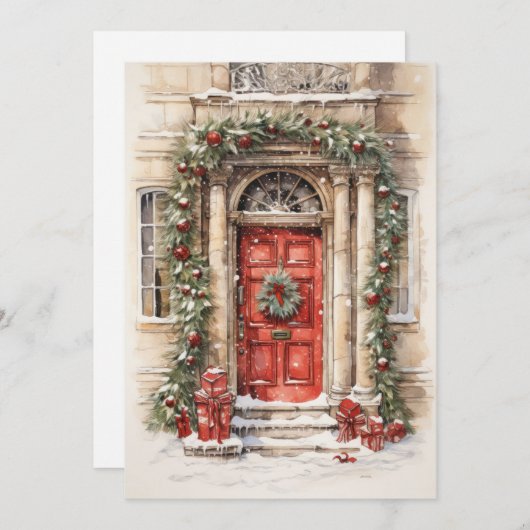 Kerstkaart met rode deur kunst plat design (Voorkant / Achterkant)