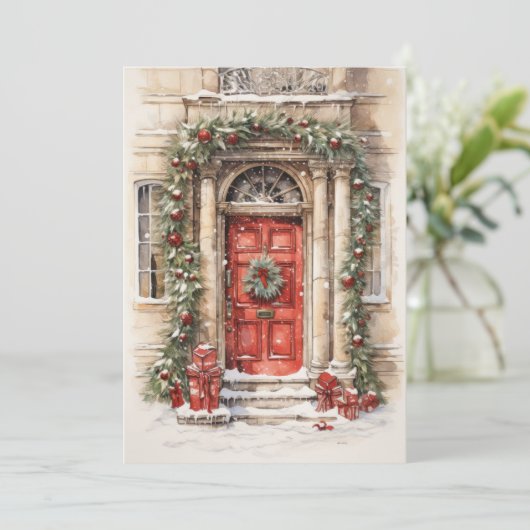 Kerstkaart met rode deur kunst plat design (Staand voorkant)