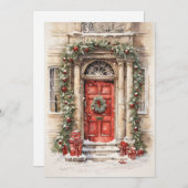 Kerstkaart met rode deur kunst plat kaart voor vak (Voorkant / Achterkant)